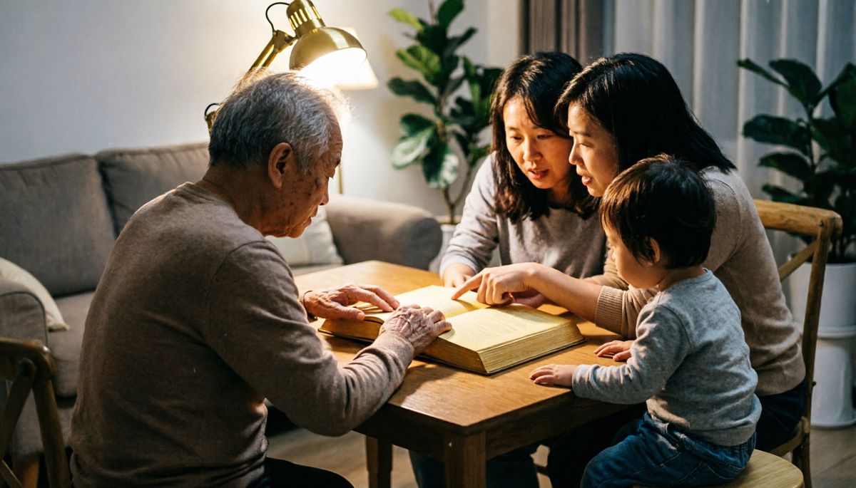 一家人围坐在灯下一起看一本书
