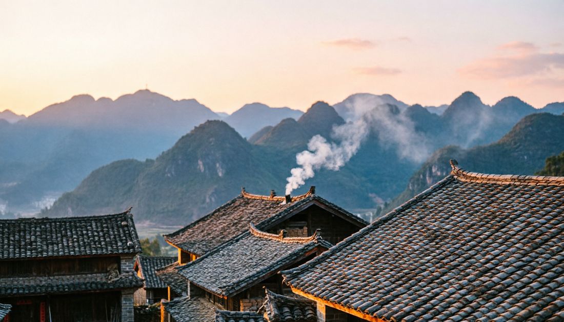 黄昏里的乡村瓦房与远山